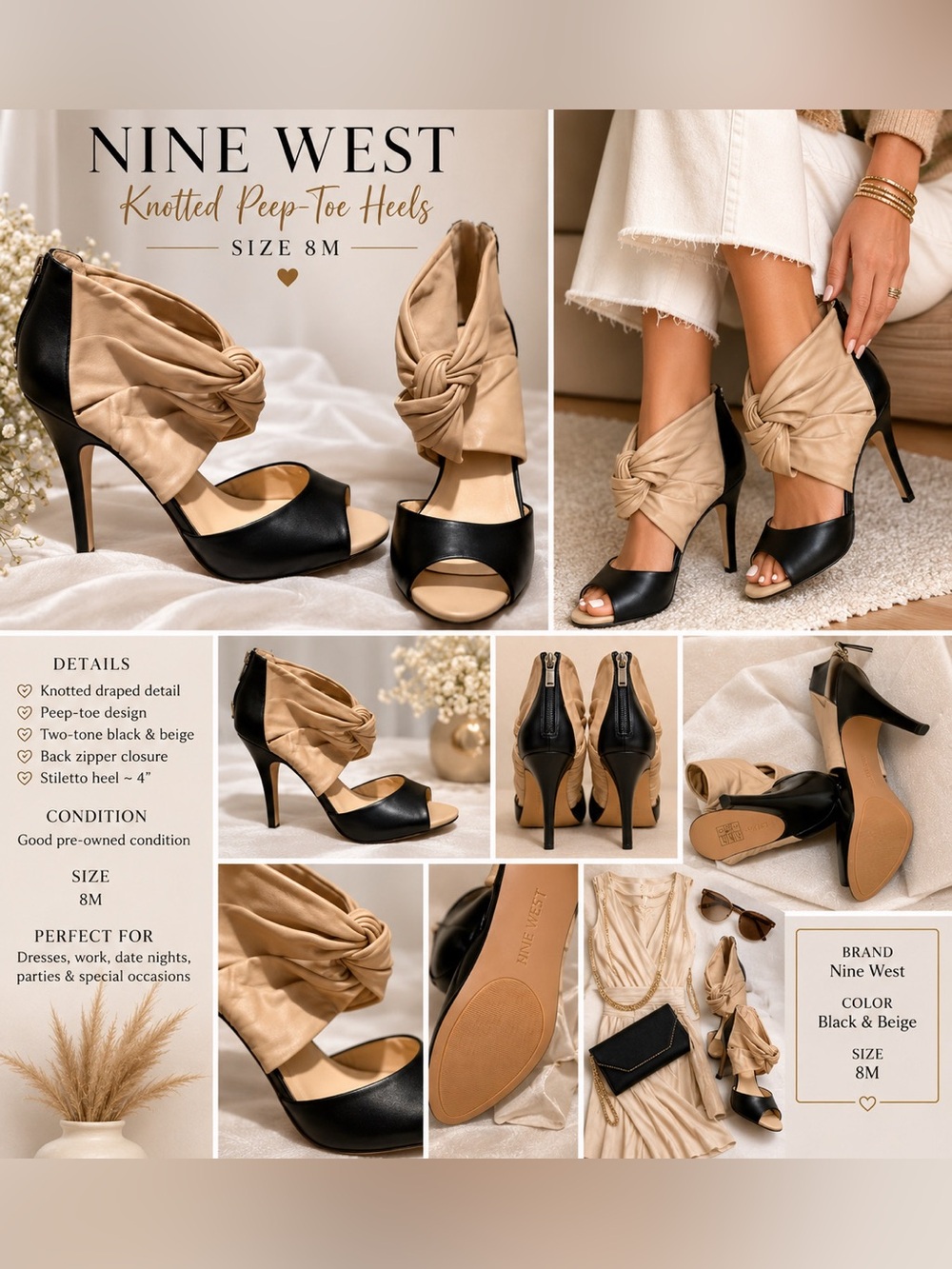 Nine West Black & Beige Knotted Peep-Toe Stilettos